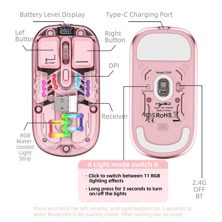 HXSJ T200 Dual Modes 2.4G BT5.0 Transparent RGB Wireless Mouse(Pink) - Wireless Mice by HXSJ | Online Shopping UK | buy2fix