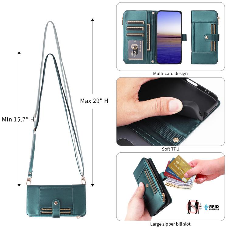 For Google Pixel 10 / 10 Pro Crossbody Strap RFID Blocking Zipper Wallet Leather Phone Case(Green) - Google Cases by buy2fix | Online Shopping UK | buy2fix