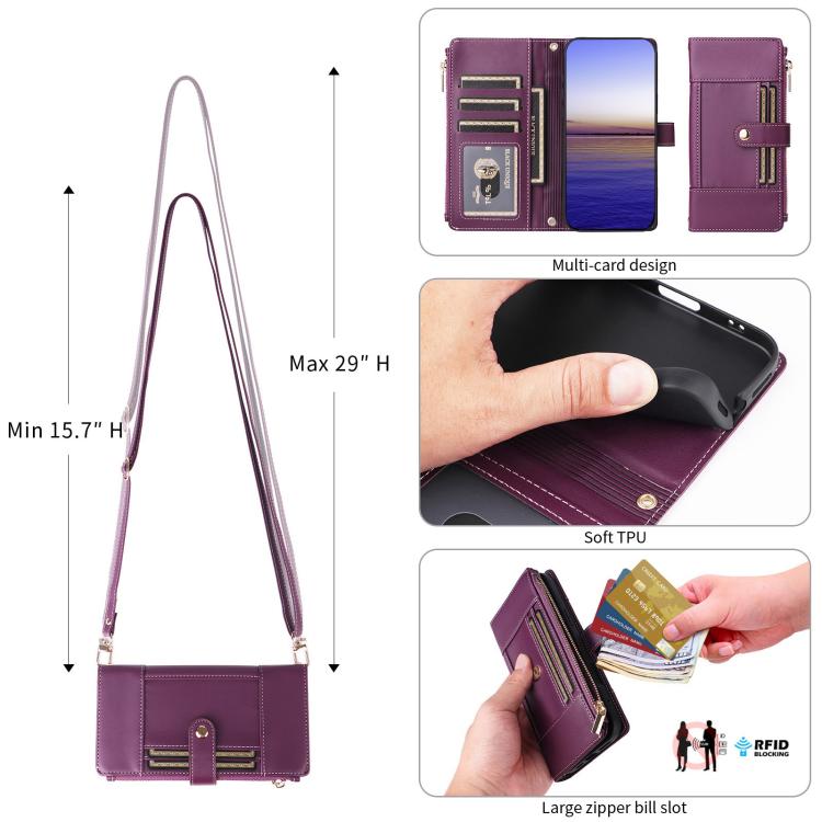 For Google Pixel 10 / 10 Pro Crossbody Strap RFID Blocking Zipper Wallet Leather Phone Case(Purple) - Google Cases by buy2fix | Online Shopping UK | buy2fix