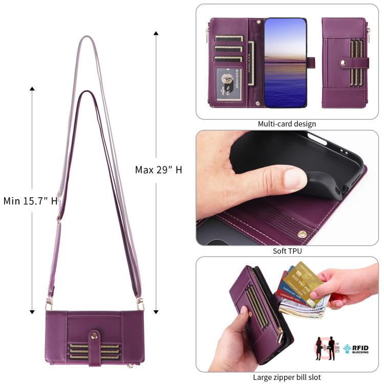For Google Pixel 10 Pro XL Crossbody Strap RFID Blocking Zipper Wallet Leather Phone Case(Purple) - Google Cases by buy2fix | Online Shopping UK | buy2fix