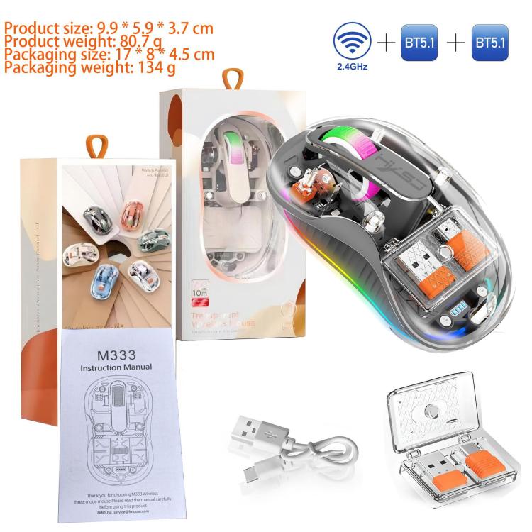 HXSJ M333 Three Modes Transparent Wireless Mouse(Space Grey) - Wireless Mice by HXSJ | Online Shopping UK | buy2fix