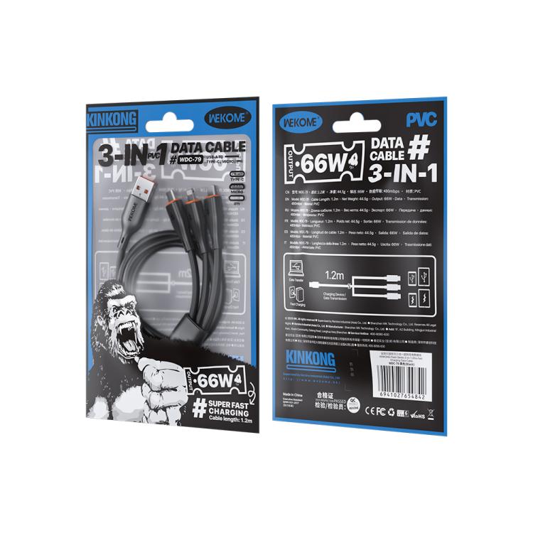 WK WDC-79 3 in 1 Kinkong Flash Series 1.2m 66W PVC Fast Charging Data Cable, Interface:USB to Type-C+8 Pin+Micro(Black) - Multifunctional Cable by WK | Online Shopping UK | buy2fix