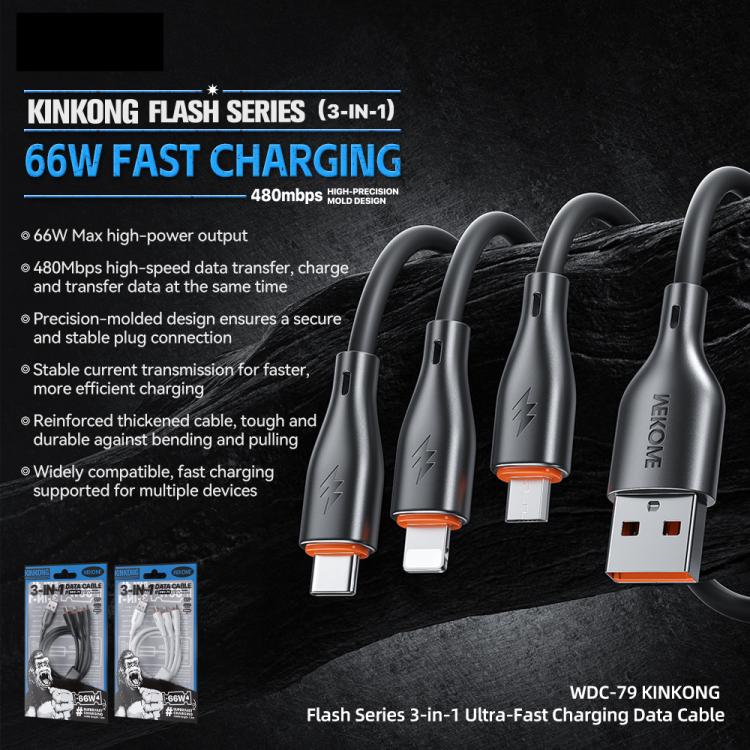 WK WDC-79 3 in 1 Kinkong Flash Series 1.2m 66W PVC Fast Charging Data Cable, Interface:USB to Type-C+8 Pin+Micro(Black) - Multifunctional Cable by WK | Online Shopping UK | buy2fix