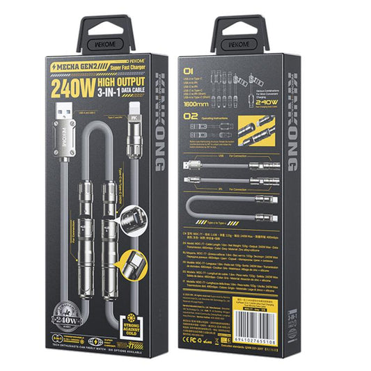 WK WDC-77 Convertible 3 in 1 240W Ultra-Fast ChargingTrue Silicone Data Cable, Interface:6 in 1(Gray) - Multifunctional Cable by WK | Online Shopping UK | buy2fix