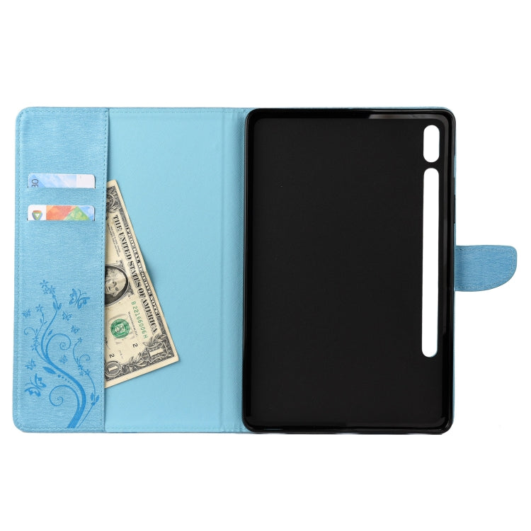 For Samsung Galaxy Tab S8 / Galaxy Tab S7 T870 / T875 Butterfly Flower Embossing Pattern Horizontal Flip Leather Case with Holder & Card Slots & Wallet(Blue) - Galaxy Tab S8 Cases by buy2fix | Online Shopping UK | buy2fix