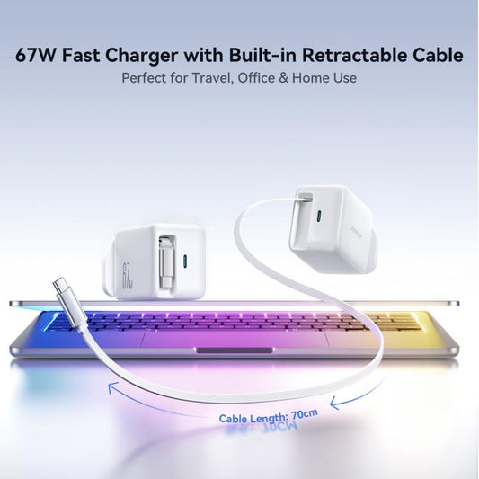 JOYROOM JR-TCL06 67W USB-C / Type-C Port GaN Fast Charger with Retractable Cable, UK Plug(White) - USB Charger by JOYROOM | Online Shopping UK | buy2fix