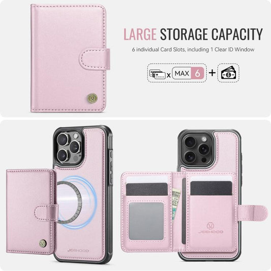 For iPhone 16 Pro JEEHOOD J09 Buckle Card Bag MagSafe Magnetic Style RFID Leather Phone Case(Pink) - iPhone 16 Pro Cases by JEEHOOD | Online Shopping UK | buy2fix