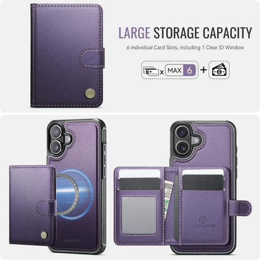 For iPhone 16 Plus JEEHOOD J09 Buckle Card Bag MagSafe Magnetic Style RFID Leather Phone Case(Purple) - iPhone 16 Plus Cases by JEEHOOD | Online Shopping UK | buy2fix