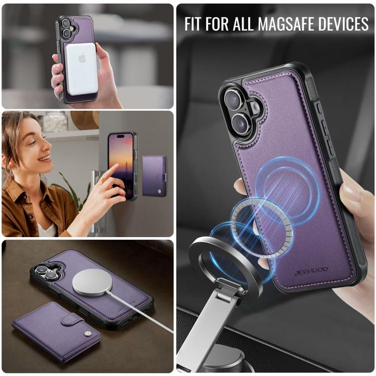 For iPhone 16 Plus JEEHOOD J09 Buckle Card Bag MagSafe Magnetic Style RFID Leather Phone Case(Purple) - iPhone 16 Plus Cases by JEEHOOD | Online Shopping UK | buy2fix