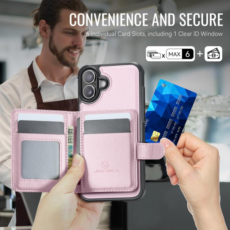 For iPhone 16 Plus JEEHOOD J09 Buckle Card Bag MagSafe Magnetic Style RFID Leather Phone Case(Pink) - iPhone 16 Plus Cases by JEEHOOD | Online Shopping UK | buy2fix