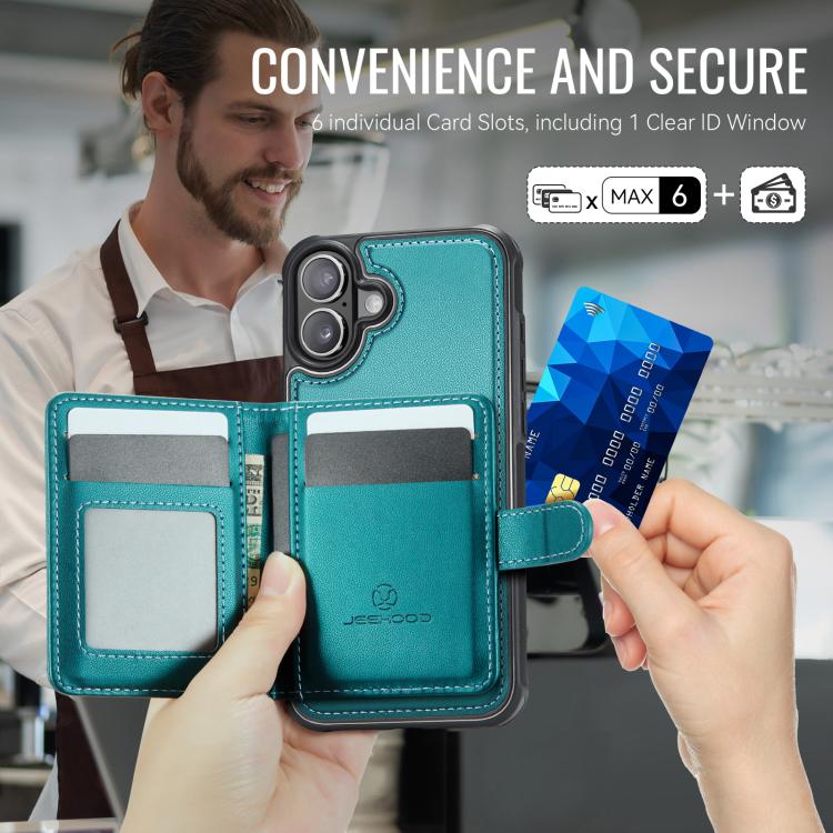 For iPhone 16 Plus JEEHOOD J09 Buckle Card Bag MagSafe Magnetic Style RFID Leather Phone Case(Green) - iPhone 16 Plus Cases by JEEHOOD | Online Shopping UK | buy2fix
