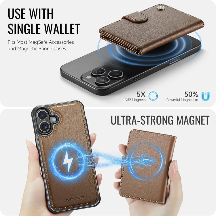For iPhone 16 Plus JEEHOOD J09 Buckle Card Bag MagSafe Magnetic Style RFID Leather Phone Case(Brown) - iPhone 16 Plus Cases by JEEHOOD | Online Shopping UK | buy2fix