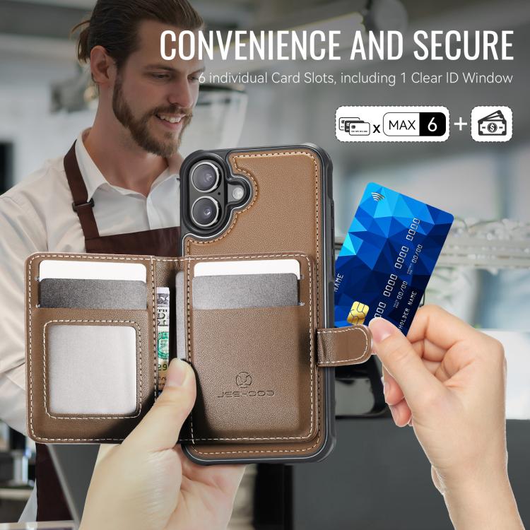 For iPhone 16 Plus JEEHOOD J09 Buckle Card Bag MagSafe Magnetic Style RFID Leather Phone Case(Brown) - iPhone 16 Plus Cases by JEEHOOD | Online Shopping UK | buy2fix