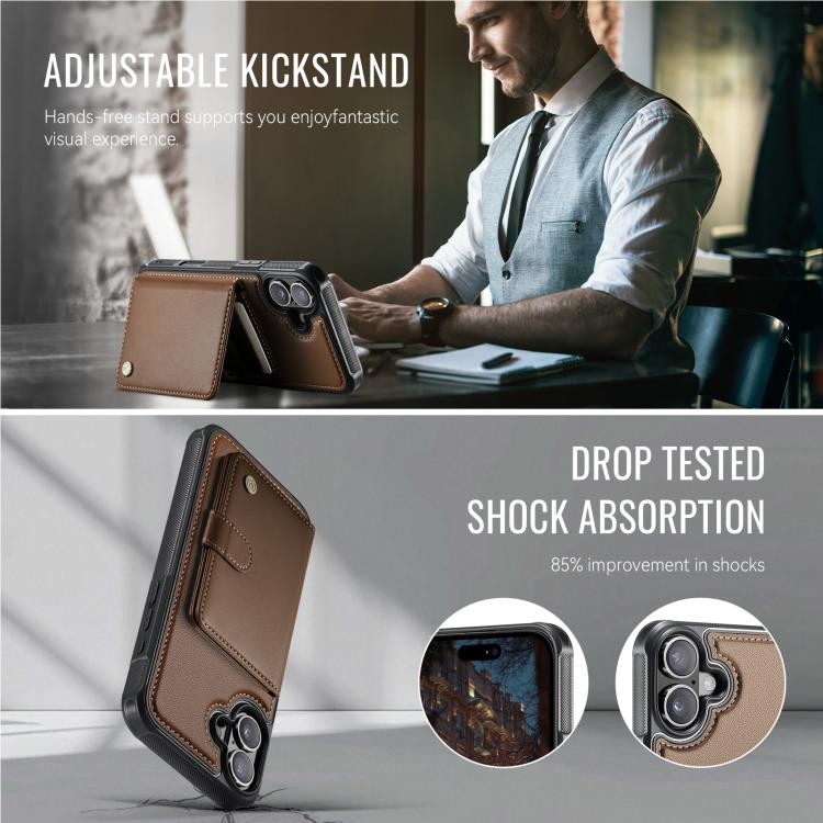 For iPhone 16 Plus JEEHOOD J09 Buckle Card Bag MagSafe Magnetic Style RFID Leather Phone Case(Brown) - iPhone 16 Plus Cases by JEEHOOD | Online Shopping UK | buy2fix