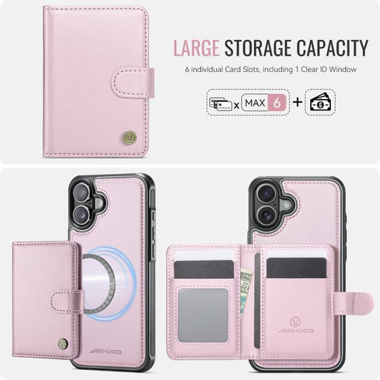 For iPhone 16 JEEHOOD J09 Buckle Card Bag MagSafe Magnetic Style RFID Leather Phone Case(Pink) - iPhone 16 Cases by JEEHOOD | Online Shopping UK | buy2fix