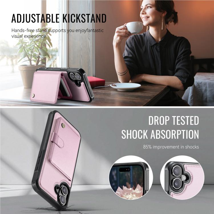 For iPhone 16 JEEHOOD J09 Buckle Card Bag MagSafe Magnetic Style RFID Leather Phone Case(Pink) - iPhone 16 Cases by JEEHOOD | Online Shopping UK | buy2fix