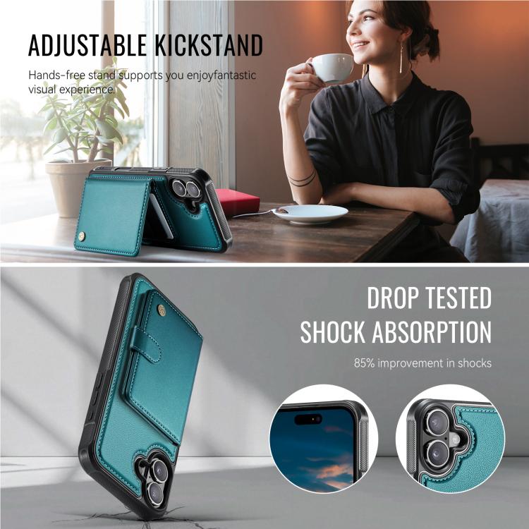 For iPhone 16 JEEHOOD J09 Buckle Card Bag MagSafe Magnetic Style RFID Leather Phone Case(Green) - iPhone 16 Cases by JEEHOOD | Online Shopping UK | buy2fix