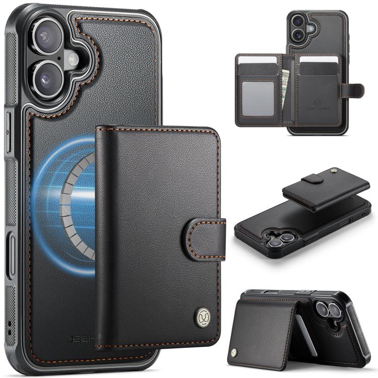 For iPhone 16 JEEHOOD J09 Buckle Card Bag MagSafe Magnetic Style RFID Leather Phone Case(Black) - iPhone 16 Cases by JEEHOOD | Online Shopping UK | buy2fix
