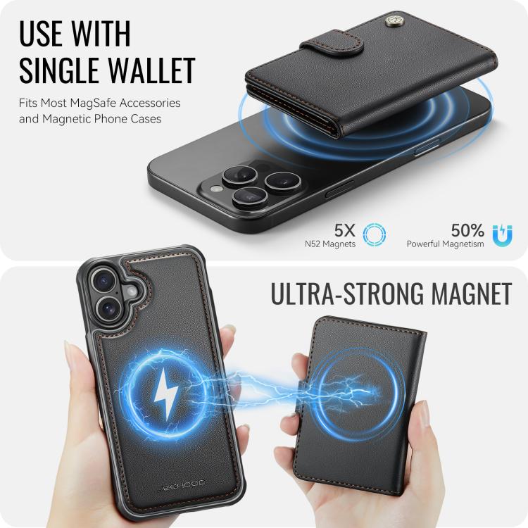 For iPhone 16 JEEHOOD J09 Buckle Card Bag MagSafe Magnetic Style RFID Leather Phone Case(Black) - iPhone 16 Cases by JEEHOOD | Online Shopping UK | buy2fix