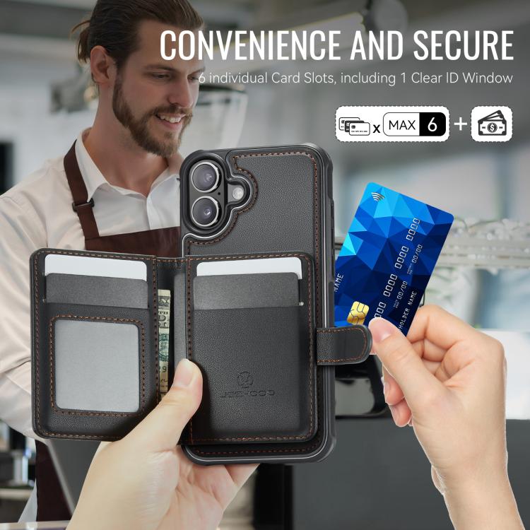 For iPhone 16 JEEHOOD J09 Buckle Card Bag MagSafe Magnetic Style RFID Leather Phone Case(Black) - iPhone 16 Cases by JEEHOOD | Online Shopping UK | buy2fix