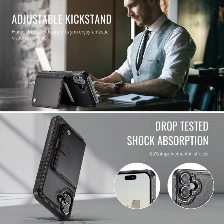 For iPhone 16 JEEHOOD J09 Buckle Card Bag MagSafe Magnetic Style RFID Leather Phone Case(Black) - iPhone 16 Cases by JEEHOOD | Online Shopping UK | buy2fix
