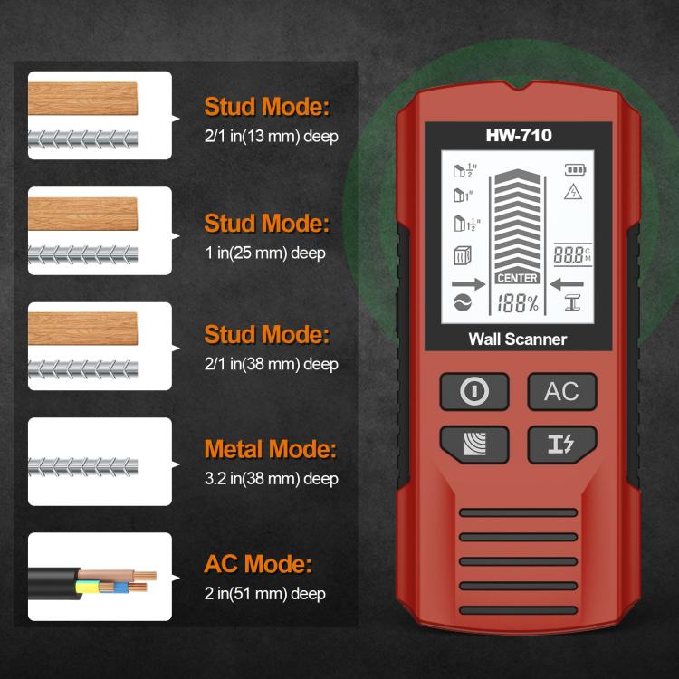 HW-710 5-in-1 Wall Scanner Metal Detector Stud Finder Measuring Instrument(Red) - Metal Detector by buy2fix | Online Shopping UK | buy2fix