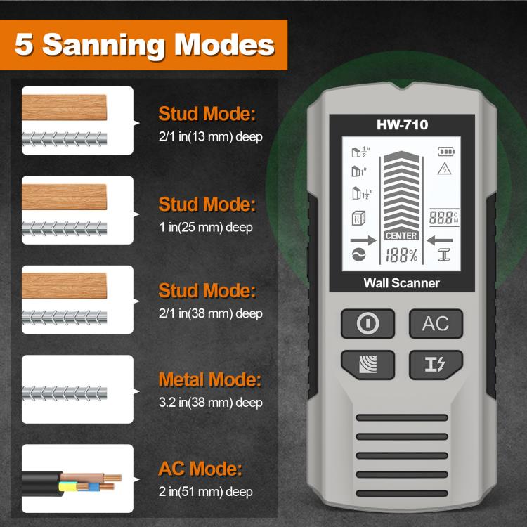 HW-710 5-in-1 Wall Scanner Metal Detector Stud Finder Measuring Instrument(Silver) - Metal Detector by buy2fix | Online Shopping UK | buy2fix