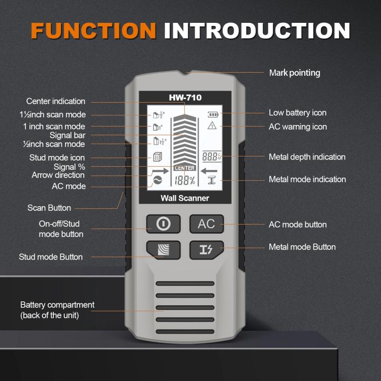 HW-710 5-in-1 Wall Scanner Metal Detector Stud Finder Measuring Instrument(Silver) - Metal Detector by buy2fix | Online Shopping UK | buy2fix
