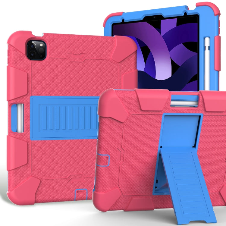 For iPad Air 2022 / 2020 10.9 Shockproof Two-Color Silicone Protective Case with Holder(Rose Red + Blue) - iPad Air (2022) / (2020) 10.9 Cases by buy2fix | Online Shopping UK | buy2fix