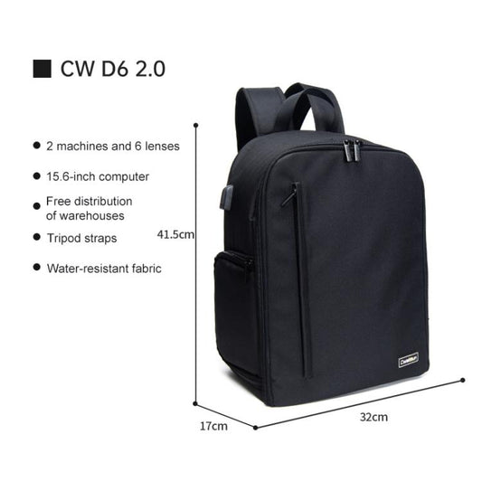 Cwatcun D6 Large II Camera Backpack Outdoor Waterproof Nylon DSLR Photography Bag, Size:32 x 17 x 41.5cm(Black) - Backpack by Cwatcun | Online Shopping UK | buy2fix