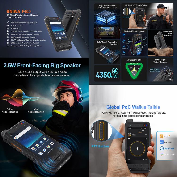 UNIWA F400 PoC Walkie Talkie Rugged Phone, Night Vision, 4GB+64GB, 4.0 inch Android 15 Mediatek Helio G81 Octa Core, Network: 4G, SOS, NFC, Plug:EU Plug(Black) - UNIWA by UNIWA | Online Shopping UK | buy2fix