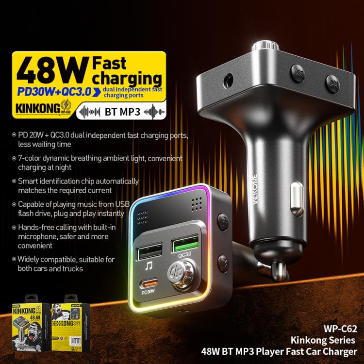WK WP-C62 48W BT MP3 Player Fast Car Charger(Silver) - Car Charger by WK | Online Shopping UK | buy2fix