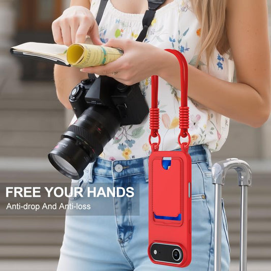 For iPhone Air Integrated Card Bag Solid Color Liquid Silicone Phone Case Gen2 with Short Lanyard(Red) - iPhone Air Cases by buy2fix | Online Shopping UK | buy2fix