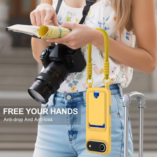For iPhone Air Integrated Card Bag Solid Color Liquid Silicone Phone Case Gen2 with Short Lanyard(Yellow) - iPhone Air Cases by buy2fix | Online Shopping UK | buy2fix