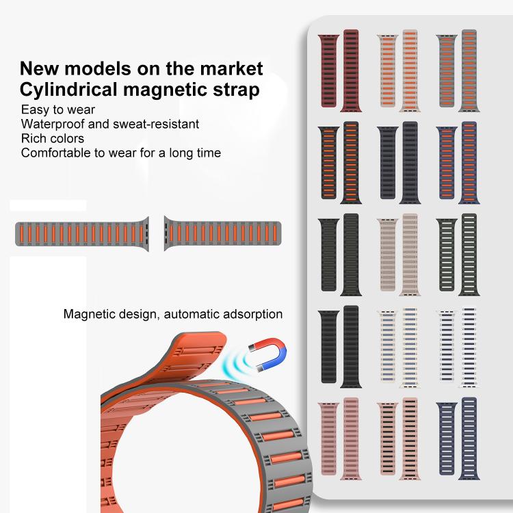 For Apple Watch 42mm / 41mm / 40mm / 38mm Cylinder Magnetic Two-color Loop Silicone Watch Band(Black Orange) - Watch Bands by buy2fix | Online Shopping UK | buy2fix