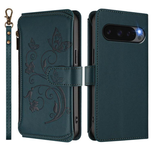 For Google Pixel 10 / 10 Pro / 9 Pro Butterfly Love Flower Multi-card Zipper Wallet Leather Phone Case(Dark Green) - Google Cases by buy2fix | Online Shopping UK | buy2fix