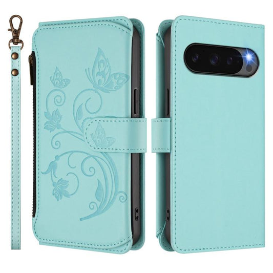 For Google Pixel 10 / 10 Pro / 9 Pro Butterfly Love Flower Multi-card Zipper Wallet Leather Phone Case(Mint Green) - Google Cases by buy2fix | Online Shopping UK | buy2fix