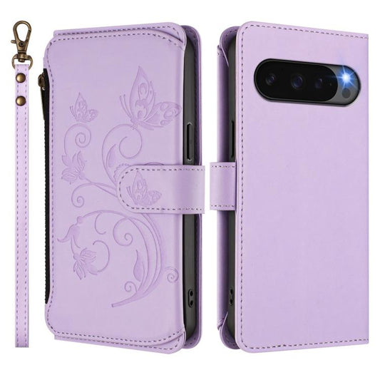 For Google Pixel 10 / 10 Pro / 9 Pro Butterfly Love Flower Multi-card Zipper Wallet Leather Phone Case(Light Purple) - Google Cases by buy2fix | Online Shopping UK | buy2fix