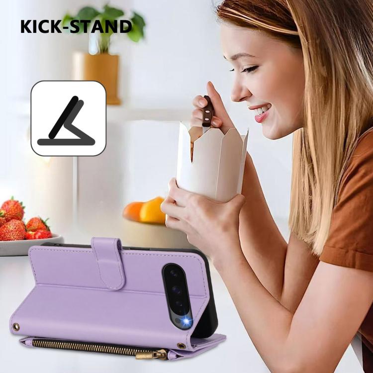 For Google Pixel 10 / 10 Pro / 9 Pro Butterfly Love Flower Multi-card Zipper Wallet Leather Phone Case(Light Purple) - Google Cases by buy2fix | Online Shopping UK | buy2fix