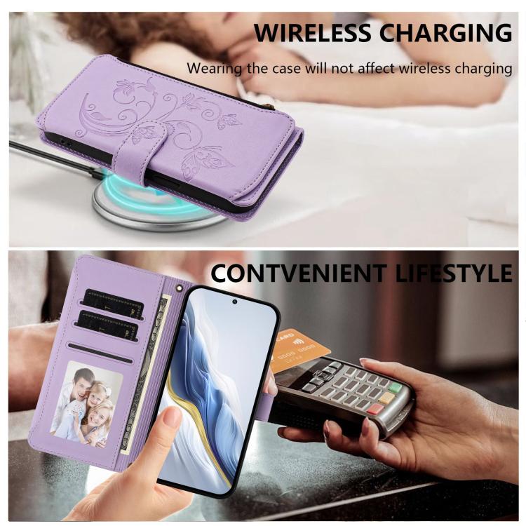 For Google Pixel 10 / 10 Pro / 9 Pro Butterfly Love Flower Multi-card Zipper Wallet Leather Phone Case(Light Purple) - Google Cases by buy2fix | Online Shopping UK | buy2fix