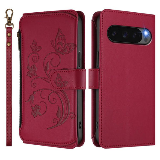 For Google Pixel 10 Pro XL / 9 Pro XL Butterfly Love Flower Multi-card Zipper Wallet Leather Phone Case(Wine Red) - Google Cases by buy2fix | Online Shopping UK | buy2fix
