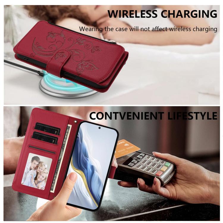 For Google Pixel 10 Pro XL / 9 Pro XL Butterfly Love Flower Multi-card Zipper Wallet Leather Phone Case(Wine Red) - Google Cases by buy2fix | Online Shopping UK | buy2fix