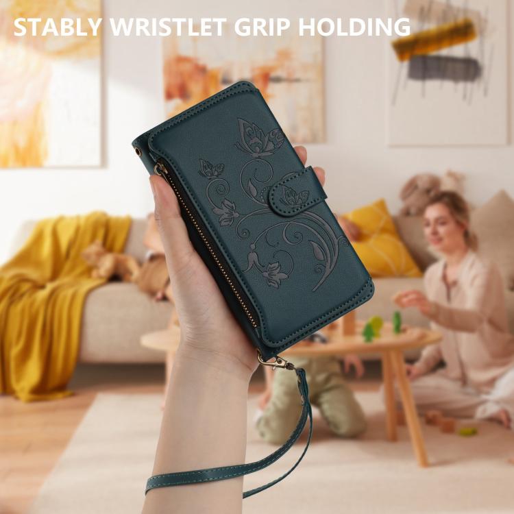 For Google Pixel 10 Pro XL / 9 Pro XL Butterfly Love Flower Multi-card Zipper Wallet Leather Phone Case(Dark Green) - Google Cases by buy2fix | Online Shopping UK | buy2fix