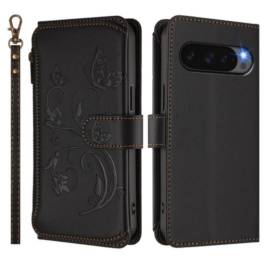 For Google Pixel 10 Pro XL / 9 Pro XL Butterfly Love Flower Multi-card Zipper Wallet Leather Phone Case(Black) - Google Cases by buy2fix | Online Shopping UK | buy2fix