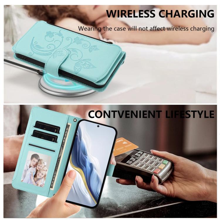 For Google Pixel 10 Pro XL / 9 Pro XL Butterfly Love Flower Multi-card Zipper Wallet Leather Phone Case(Mint Green) - Google Cases by buy2fix | Online Shopping UK | buy2fix