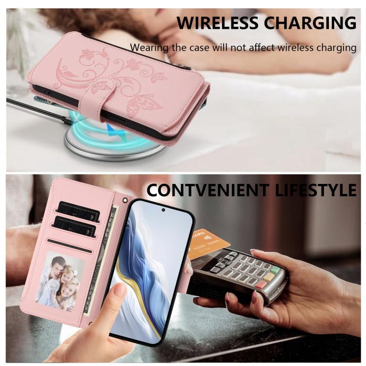For Google Pixel 10 Pro XL / 9 Pro XL Butterfly Love Flower Multi-card Zipper Wallet Leather Phone Case(Pink) - Google Cases by buy2fix | Online Shopping UK | buy2fix