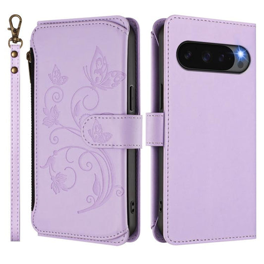 For Google Pixel 10 Pro XL / 9 Pro XL Butterfly Love Flower Multi-card Zipper Wallet Leather Phone Case(Light Purple) - Google Cases by buy2fix | Online Shopping UK | buy2fix