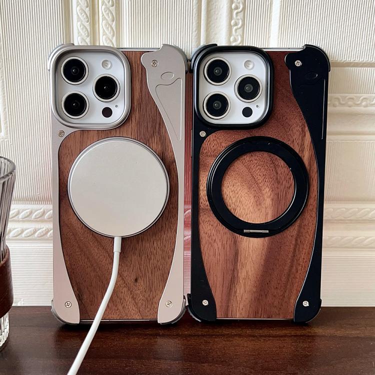 For iPhone 16 Pro Walnut Metal Frameless 360 Degree Rotation Holder MagSafe Phone Case(Silver) - iPhone 16 Pro Cases by buy2fix | Online Shopping UK | buy2fix