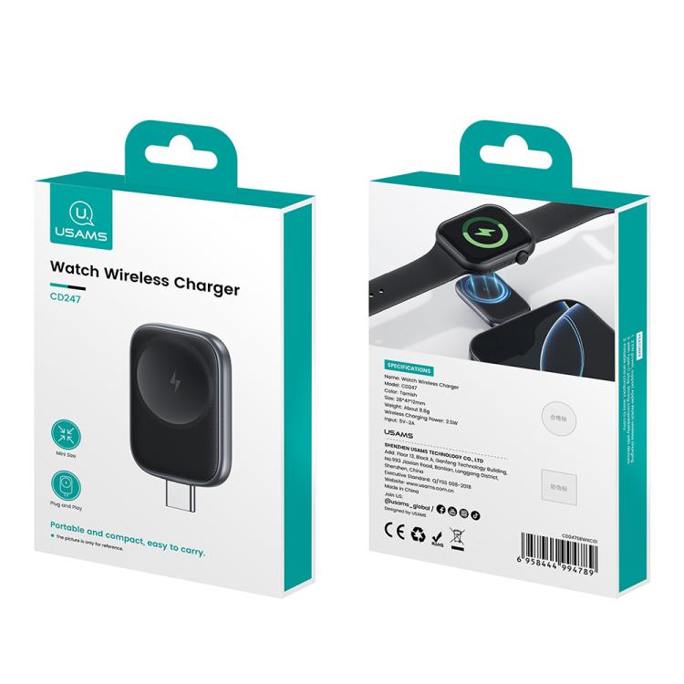 For Apple Watch Series USAMS CD247 USB-C / Type-C Plug Portable Watch Wireless Charger(Metal Gray) - Charger / Holder by USAMS | Online Shopping UK | buy2fix