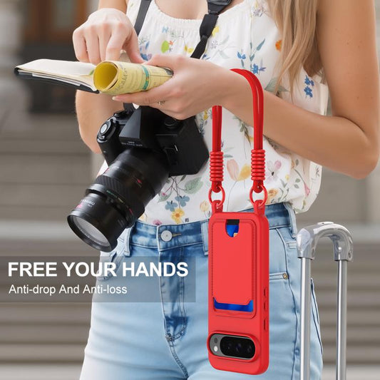 For Google Pixel 10 Pro XL Integrated Card Bag Solid Color Liquid Silicone Phone Case Gen2 with Short Lanyard(Red) - Google Cases by buy2fix | Online Shopping UK | buy2fix